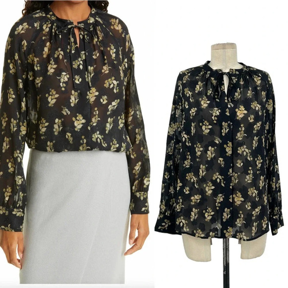 Vince Dandelion Poet Blouse Gathered Floral-Print Silk-Crepon Black Size Small